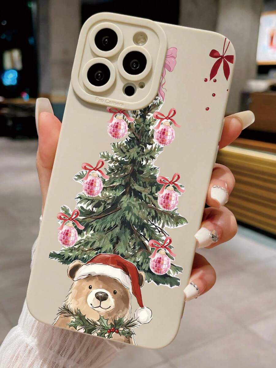 1 pieza Funda de teléfono suave beige con diseño personalizado de sombrero de Papá Noel y oso, compatible con iPhone 16/16Pro/16Plus/15/15ProMax/15Pro/11/12/13/14ProMax/12Mini/13Mini/11Pro/11ProMax/12Pro/12ProMax/13Pro/13ProMax/14Pro/14ProMax, diseño creativo de alta gama