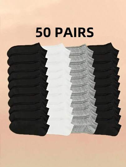 50 pares de calcetines tobilleros de moda para hombre: transpirables, absorbentes de humedad y antiolor, de verano, en color negro, blanco y gris liso, lavables a mano y en seco, ideales para uso casual y formal.