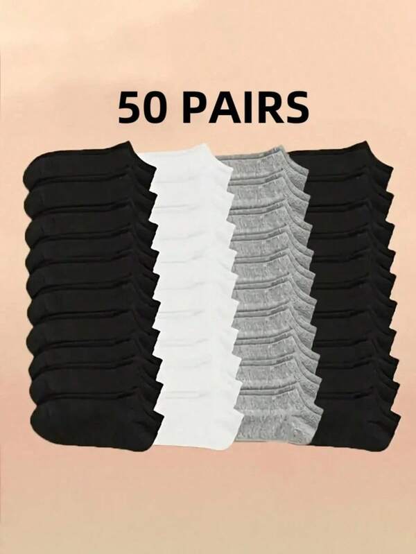50 Pairs Men's Fashion Ankle Socks - Moisture-Wicking Anti-Odor Breathable Summer Thin Socks, Black/White/Grey Solid Color, Hand Wash/Dry Clean, Casual & Formal Wear
