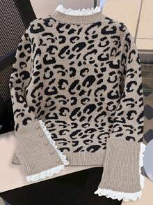 Women Casual Autumn And Winter Crew Neck Lace Splicing Leopard Print Jacquard Knitted Sweater Sleeve Button Design Knit Top Daily Commuter Versatile Pullover,Business Casual Woman,Going Out Outfits,Going Out Tops Women ,Business Casual Woman, Leopard Graphic Sweater Women,White Lace Sweater,Leopard Print - Multicolor - View 9