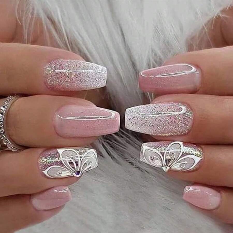 Medium Press On Nails Coffin Fake Nails Stars With Moon Design Black Gradient False Nails Acrylic Artificial Glue On Nails Full Cover Stick On Nails For Women Girls Manicure Decoration 24Pcs Halloween - Hoa lấp lánh D - Xem 1