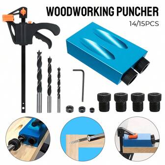 15 graders Pocket Hole Jig Kit Hålslagare med borrsats 14/15 st Träbearbetningshål Borrguide Locator
