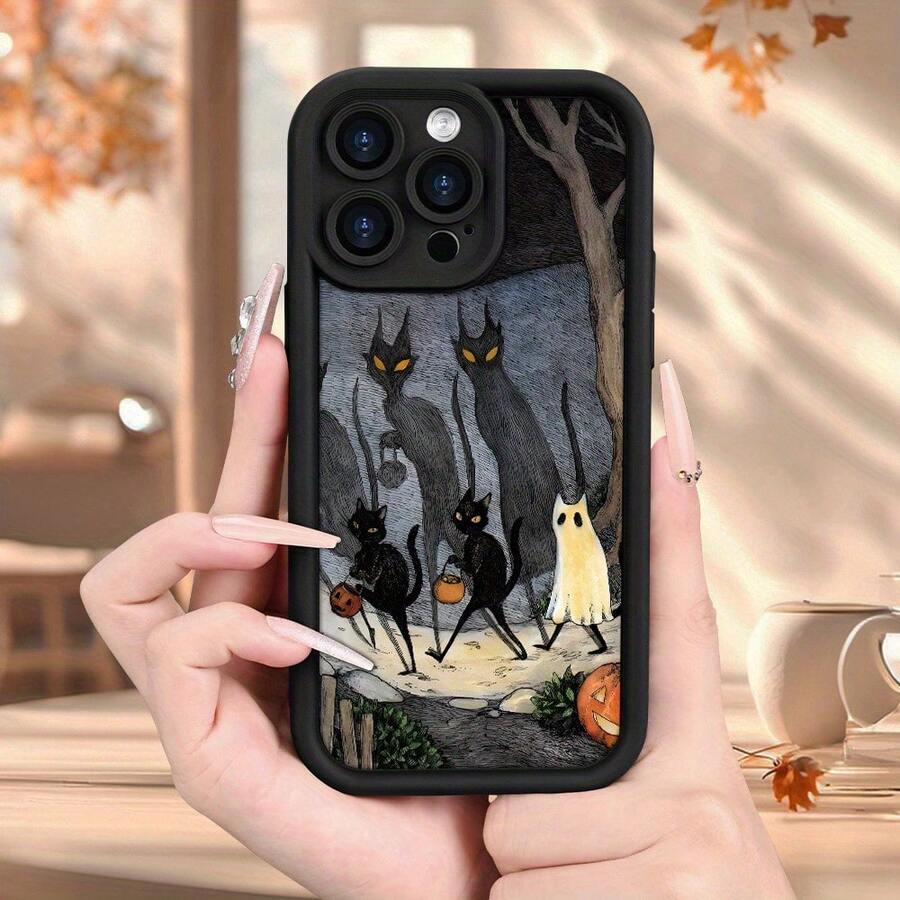 [Teléfono] Hermoso y original teléfono negro con diseño de Halloween, textura mate, agarre cómodo, compatible con 16/16 PRO/16 PLUS/16 PRO MAX/15/15 PLUS/15 PRO/15 PRO MAX/14/14 PLUS/14 PRO/14 PRO MAX/13/13 mini/13 PRO/13 PRO MAX/12/12 mini/11/Plus/Pro/8/SE/XS/7P/8P. Ideal para amigos, parejas y familiares. - Negro - Ver 1