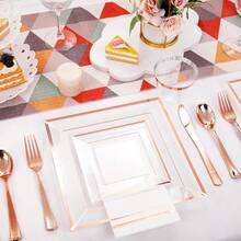350Pcs Rose Gold Plastic Plates Clear Rose Gold Disposable Dinnerware Sets For 50Guests Include 100 Plates 50 Cups 50Plastic Cutlery 50Napkins Perfect For PartyWeddingMother's Day - 方形透明玫瑰金 - 查看 6