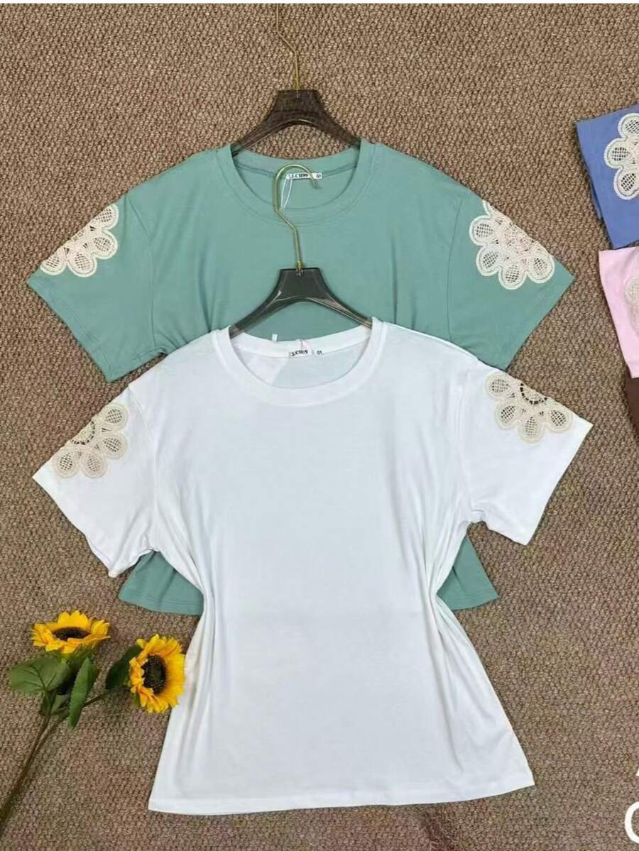 Basic T-Shirt With Flower Detail On The Sleeve, Summer - 綠色 - 查看 1