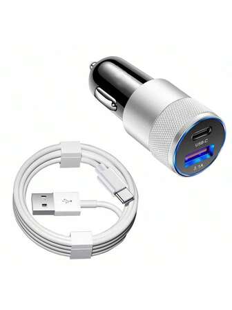 USB C 快速车载充电器，3.0 PD USB C 车载适配器，2 端口 3.1A USB+Type C 车载插头，带 1 个 USB A 转 Type C 快速充电器连接线，兼容三星 Galaxy S25 S24 S23 S22 S21 S20 S10 Plus、Pixel 7、Vivo