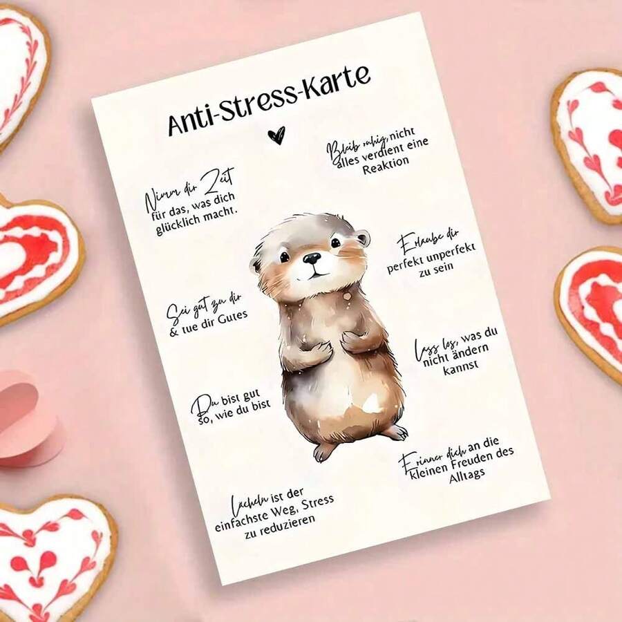 1 tấm thiệp Đức "Anti - Stress - Karte" dịu nhẹ, hình con rái cá dễ thương và mẹo làm dịu, chất liệu giấy, thích hợp cho gia đình và bạn bè, quà tặng giảm căng thẳng độc đáo, bao gồm phong bì