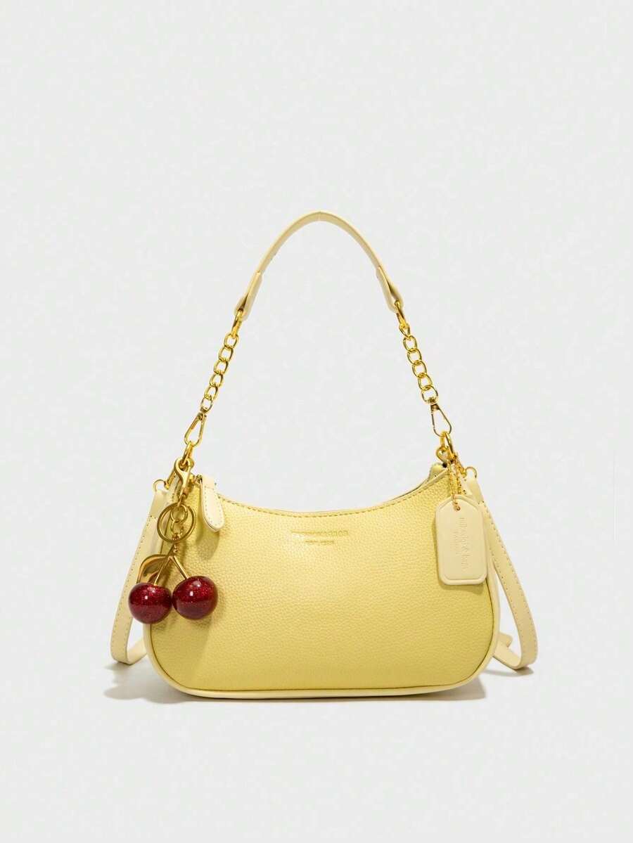 Letter Pattern Solid Color Pu Waterproof Fabric Shoulder Crescent Bag Underarm Bag Is Suitable For Shopping And Can Be Slung., Yellow - 黃色 - 查看 1