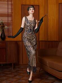 Vestido largo elegante y lujoso de los años 20 para mujer de talla grande con lentejuelas brillantes y cuentas, sin mangas, para fiesta, boda, Navidad, Halloween