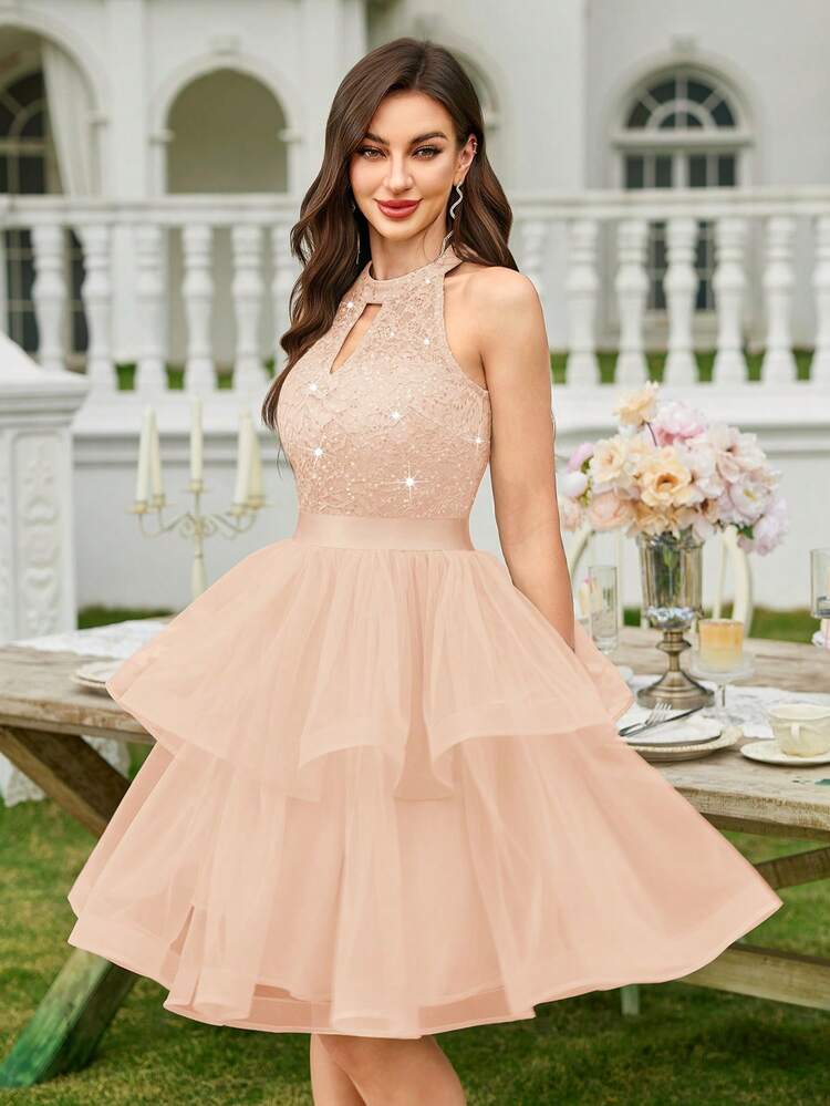 MIUSOL Sequin Floral Lace Halter Neck Ruffle Layered Hem Mesh Prom Party Swing Dress,Summer Dress,Wedding Guest Dress,For Graduation,Homecoming - Champagne - View 5