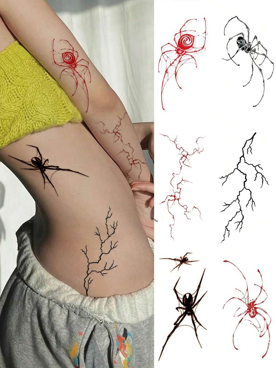 STARTTOOS 6 件万圣节逼真血管、静脉、蜘蛛图案临时纹身贴,DIY 日常、派对、节日装饰,大臂、胸部、背部身体纹身贴纸 - 彩色 - 查看 1