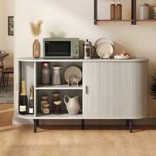 ONBRILL Sideboard Buffet Cabinet With Sliding Door, Fluted Cabinet With Adjustable Shelf, Wood Fluted Sideboard, Modern Accent Coffee Bar Console Table For Kitchen, Entryway, Living Room, White - 白色 - 查看 8