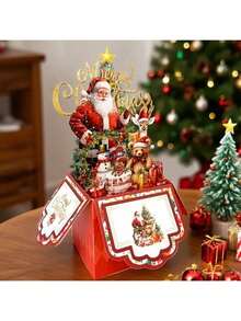 1PC Holiday Christmas Card, Retro 4-Layer Christmas Card With Santa Claus, Reindeer, And Tree Design - Red Paper Holiday Card With Envelope, Suitable For Friends And Family's Holiday Party Invitations, No Battery Required, Christmas Card Home Decor Christmas Decorations Room Decor Winter