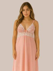 Postpartum And Maternity Nursing Nightgown With No Pads And Two-Tone Lace. - Rusty Rose - View 2