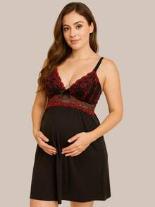 Postpartum And Maternity Nursing Nightgown With No Pads And Two-Tone Lace. - Hitam - View 2
