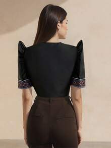 Amyenjoylife Modern Filipiniana Summer Women's Elegant And Fashionable Temperament Patchwork Bubble Sleeve Short Sleeved Top