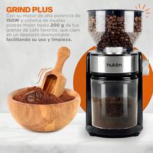 Hukën x.| Molino de Café Eléctrico Profesional Power-Grind 200 g| Muelas Ajustables con 12 Niveles de Molienda| Dual Knob para Grosor y Porciones| Muela Desmontable| Acero Inox| 150 vatios - negro/acero - Ver 6