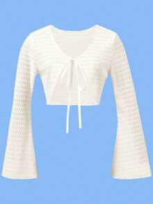 Lightweight Solid Color Tie Waist Flared Sleeve Jackets, Spring & Summer - White - View 3