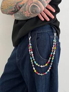 1pc Solid Color Rhinestone Pearl Punk Dual Chain Belt Keychain, Waist Accessory Suitable For Gift, Party, And Casual Outfit