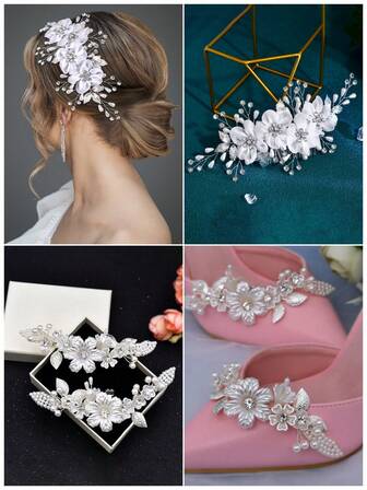 1 Set Elegant Flower Hair Clips & Shoe Clips Suit, Bridal Headpiece Hair Accessories, Alloy Leaf & Faux Pearl Decor, Suitable For Wedding & Party