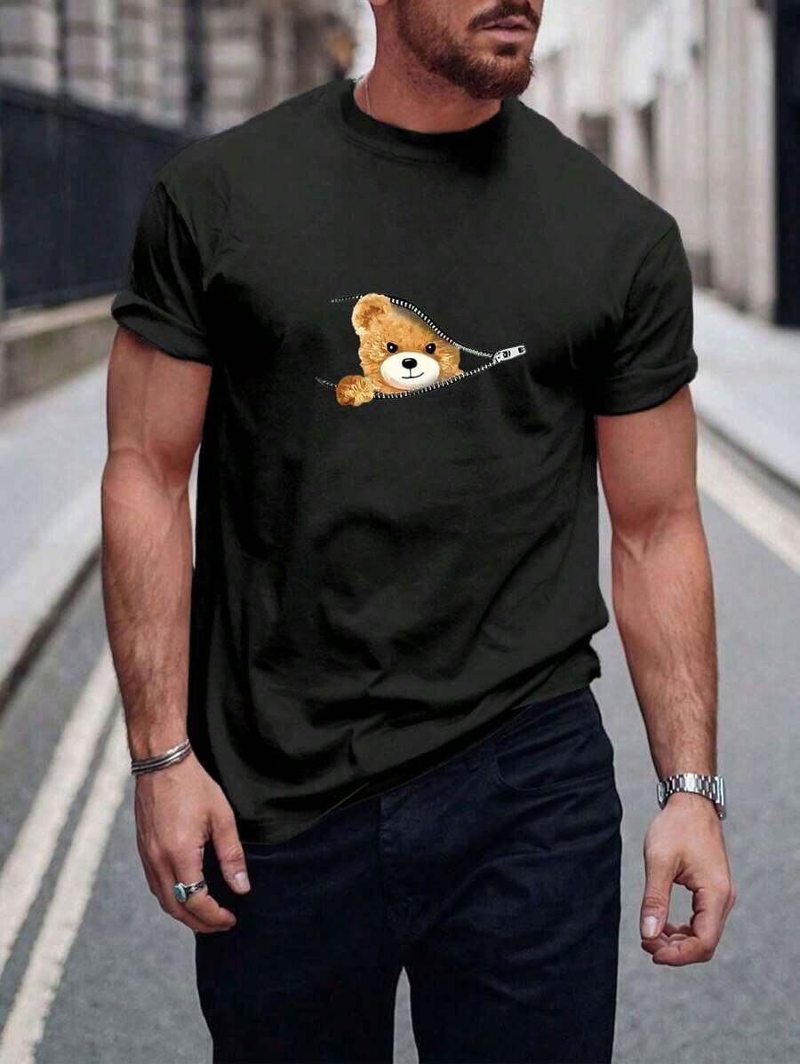 Hombres Camiseta con estampado de oso - Negro - Ver 1