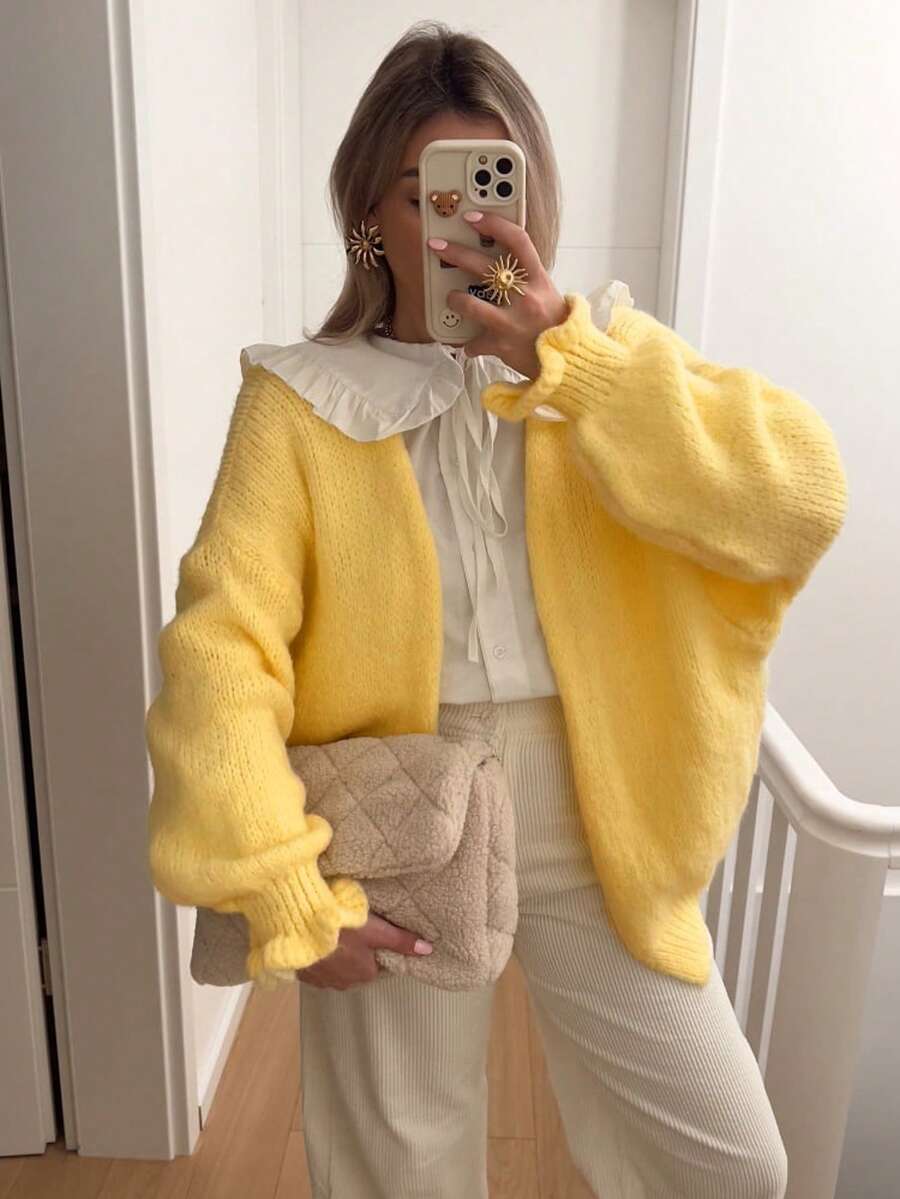 Cárdigan de manga larga con puño de volantes de unicolor - Amarillo - Ver 1