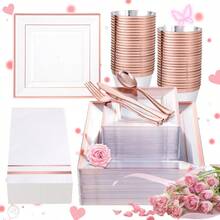 350Pcs Rose Gold Plastic Plates Clear Rose Gold Disposable Dinnerware Sets For 50Guests Include 100 Plates 50 Cups 50Plastic Cutlery 50Napkins Perfect For PartyWeddingMother's Day - 方形透明玫瑰金 - 查看 1
