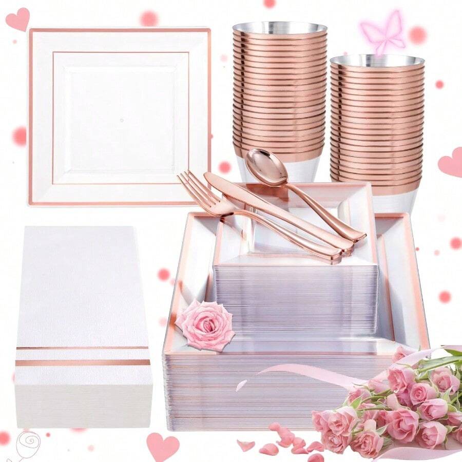 350Pcs Rose Gold Plastic Plates Clear Rose Gold Disposable Dinnerware Sets For 50Guests Include 100 Plates 50 Cups 50Plastic Cutlery 50Napkins Perfect For PartyWeddingMother's Day - 方形透明玫瑰金 - 查看 1