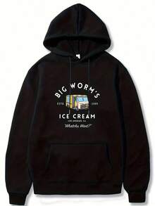 Big Worms Ice Cream Graphic Print Hoodie - Soft Polyester, Regular Fit, Hooded, Long Sleeve, Slight Stretch, Machine Washable - Perfect For Casual Daily Wear, Outdoor Activities, And Gift Ideas For Men And Teens - 黑色 - 查看 6