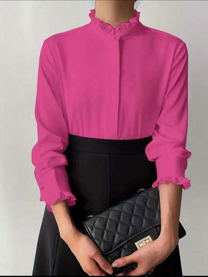 Weiße Rüsche Bluse für Frauen, einfarbig, minimalistisch, für Lässig & Alltag