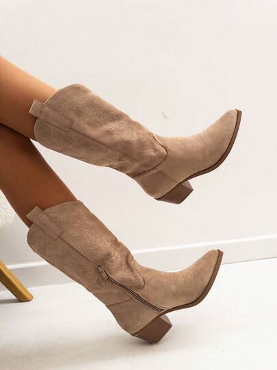 VIKIVIKI SHOES Women's Cowboy Boots With A High Shaft And Western-Style Embroidery. An Elegant And Versatile Design That Combines Comfort With A Sophisticated Touch, They're Perfect For Wearing During The Fall And Winter Seasons With Dresses, Skirts, Or Jeans, Providing A Modern And Daring Look. With A Stable, Wide Heel And Refined Finish, They're The Ideal Footwear For Those Seeking Style, Comfort, And A Distinctive Detail In Their Everyday Life Or On Special Occasions. Estimated Delivery: 1-3 Business Days (Peninsula).