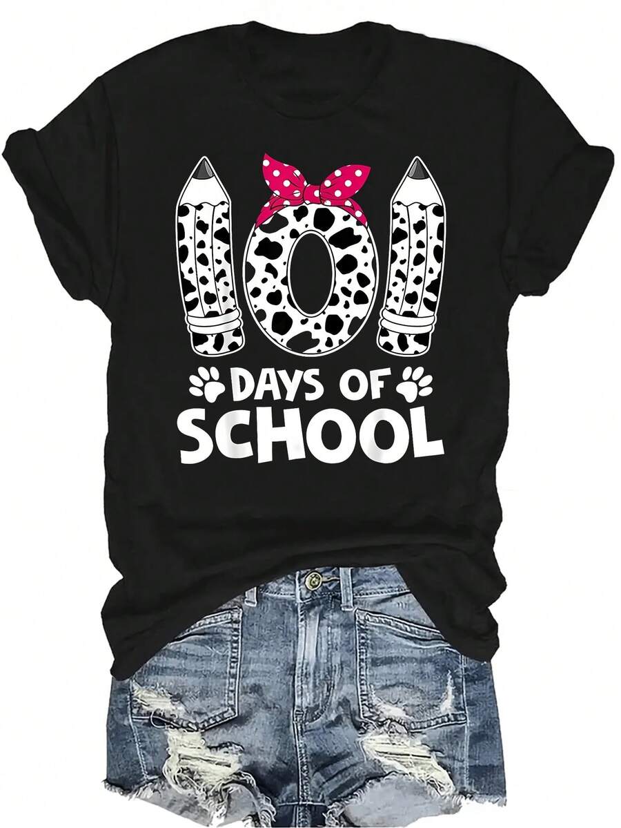 Camiseta divertida de 101 días de escuela feliz para estudiantes y maestros, de mujer y unisex, de verano, casual, transpirable, de personalidad, de cuello redondo, de manga corta, de ropa urbana, versátil, adecuada para adolescentes y adultos - Negro - Ver 1