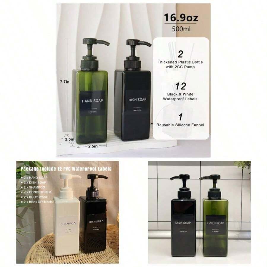 Black Soap Dispenser With Waterproof Labels, Thickened Plastic Hand Soap Dispenser Bathroom, Kitchen Dish Washing Bottles, Shampoo And Conditioner Bottles With Funnel 16oz 2Pack Black