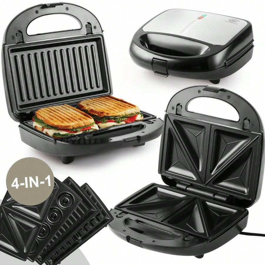 SUPERLEX 4-In-1 Sandwich Maker, Stainless Steel Sandwich Toaster, Waffle Maker, Panini Oven, Grill, Dough Stick Maker, Donut Tray, Nut Tray, Cake Tray, Removable Deep Slot Baking Tray, Non-Stick Coating Suitable For Kitchen Breakfast, Cool Touch Handle, Non-Slip Bottom Feet
