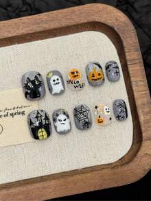 10pcs Short Nail Round Nail Halloween Story Gray Nail Handmade Nail, Can Be Worn Everyday And Holiday Wear, Reusable Press On Nails, Holiday Nail Pieces For Women And Girls, Back To School, Press On Nails