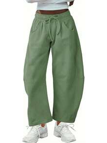 Women's Barrel Leg Sweatpant Drawstring Elastic Waisted Wide Leg Pants Casual Cotton Palazzo Trousers With Pockets - 綠色 - 查看 2