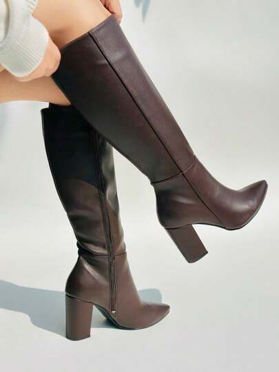 Botas altas para mujer de piel sintética, punta fina, sin cordones, tacón grueso alto, estilo minimalista urbano para oficina y salidas