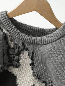 1 件青少年男孩圆领长袖图案细节简约套头毛衣，休闲日常穿着 - 黑色 - 查看 3