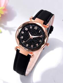 7pcs Black Starry Sky Quartz Digital Watch Set With 6pcs Lucky Flower Necklace, Bracelet, Ring, Earrings Jewelry Set, Suitable For Festivals, Parties, Weddings And Daily Wear, Can Be Given As Mother's Day Or Easter Gift - Black - View 2