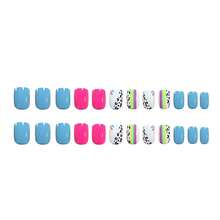 Short Press On Nails Square Fake Nails Blue Rose Red False Nails With Black Leopard Print Design Glue On Nails Colored Lined Stick On Nails Glossy Full Cover Acrylic Nails For Women Manicure 24Pcs - 藍色 紅色 - 查看 2