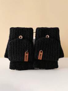 1 par de luvas de inverno, de lã, listradas, de cor sólida, de meio dedo, com aba, para homens e mulheres. Outono