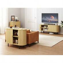 Aparador tipo buffet con puerta corredera, armario de almacenamiento con estante ajustable, aparador de madera acanalada, mesa consola moderna con acento para barra de café, cocina, entrada, sala de estar, roble - Caqui - Ver 2