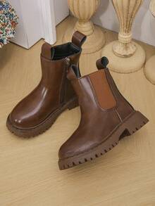女童新款靴子，黑色和棕色真皮靴，时尚切尔西踝靴，适合小女孩，秋冬季 - 棕色 - 查看 4