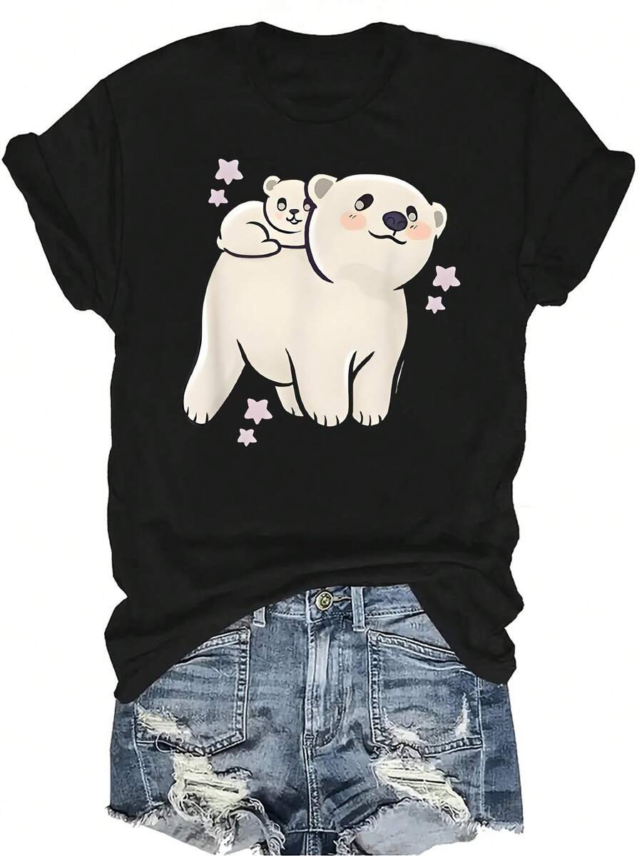 Camiseta con estampado de oso lindo, unisex, de verano, casual, transpirable, de cuello redondo, de manga corta, ropa de calle, versátil, adecuada para adolescentes y adultos - Negro - Ver 1