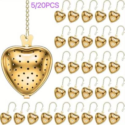 5/20 pezzi Infusore per tè a forma di cuore in acciaio inossidabile con catena extra lunga - Riutilizzabile, facile da pulire, resistente al calore, design unico e cavo, perfetto per tè in foglie sciolte, spezie e condimenti, ideale per casa, ufficio, campeggio, viaggi e regali per feste, set da tè da viaggio | Catena decorativa, bomboniere per matrimoni, regali di San Valentino