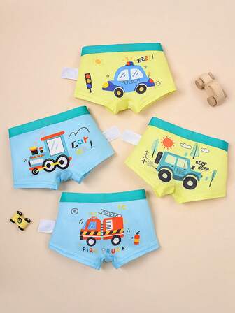 Paquete de 4 boxer briefs para niños, conjunto combinado de ropa interior con estampado de vehículos de construcción para niños pequeños/bebés