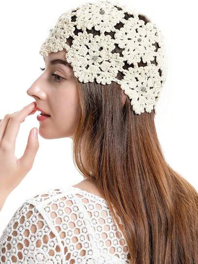 1 件女士轻质镂空水晶装饰手工编织便帽，适合春夏秋季日常户外穿着，颜色随机发货