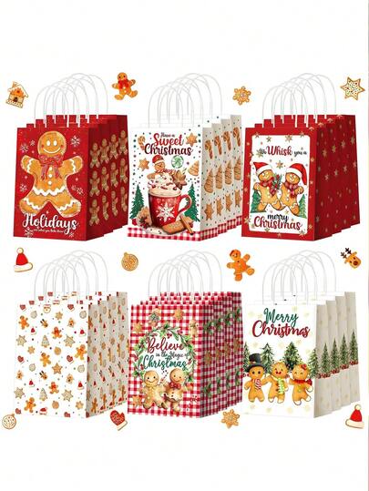 12 件圣诞姜饼人袋、圣诞姜饼派对礼品袋、圣诞礼品袋、圣诞手提礼品袋、姜饼人纸质礼品袋、带手柄的圣诞纸质礼品袋、适用于圣诞派对装饰和节日用品、生日派对、婚礼、圣诞礼物、圣诞装饰、生日派对、新年礼物、颜色和款式随机、圣诞节