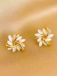 1雙時尚高端貓眼石花瓣耳釘,新品上市,非常適合做假日禮物 - 彩色 - 查看 3