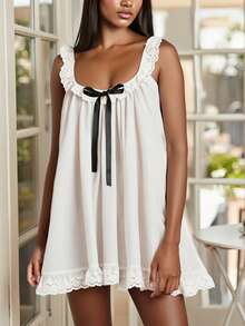 Women's Y2K Sleepwear Babydoll Mini Dress Lace Trim Sleeveless Bow Tie Front Ruffle Flowy Pajama Cami Dress Summer Loungewear Nightwear Dress Daily Casual Lounge Short Dress - 白色 - 查看 8